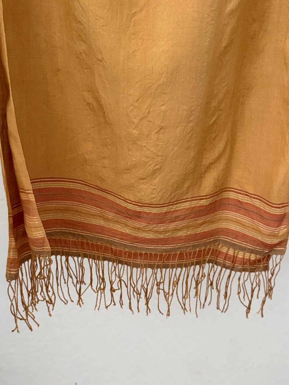 Muted Gold Long Silk Scarf or Wrap with Stripes and Fringe at Ends - Picture 3 of 6